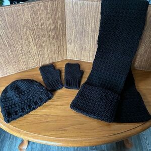 Handmade Crochet Black Pocket Scarf, Hat, and Gloves Set